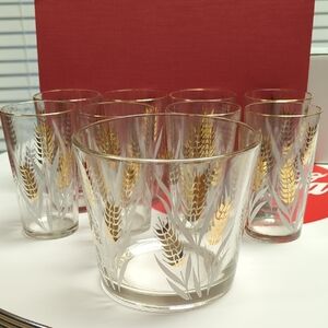 Homer Laughlin Gold Wheat Motif 5" Glass Tumblers Set Of 8 with Ice Bucket